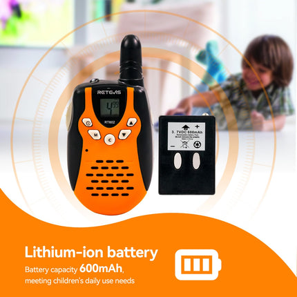 Retevis RT602 Walkie Talkie Kids 8 kanāli PMR446 bērnu divvirzienu radio ar uzlādējamām baterijām Lukturītis VOX LCD displejs Rotaļlietu spiegu aprīkojums Dāvanas bērniem (1 pāris, oranžs)