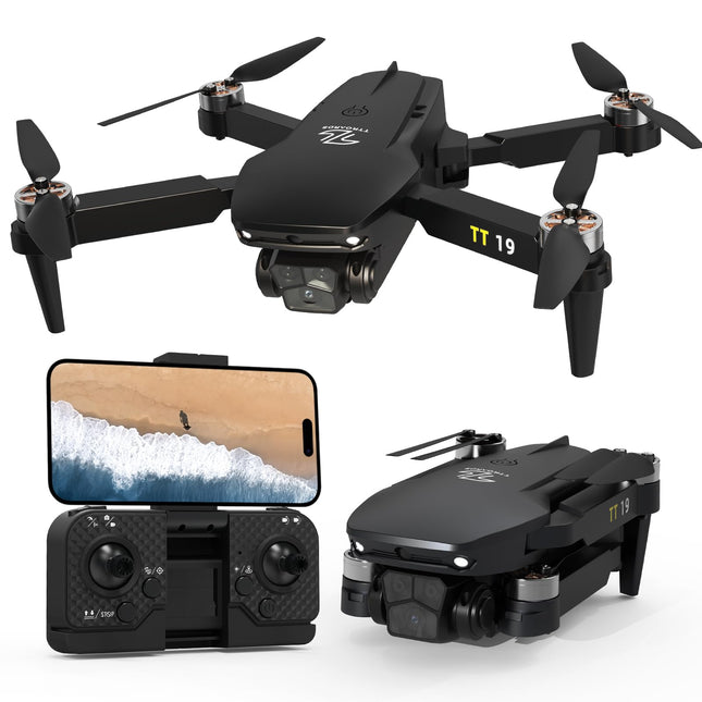 TTROARDS drons ar kameru 1080P bezsuku motora drons 180° šķēršļu novēršanai, mini droni iesācējiem, salokāms RC kvadrokopters, vēja pretestības līmenis 4, drons pieaugušajiem TT19