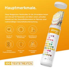 100 x Aydmed urīna analīzes testa strēmeles 10 parametru urīna testa strēmeles leikocītu, nitrītu, urobilinogēna, olbaltumvielu, pH, asiņu, īpatnējā svara, ketonvielu, bilirubīna un glikozes noteikšanai
