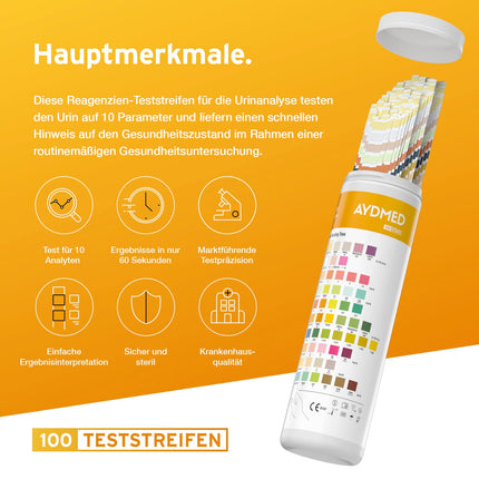 100 x Aydmed urīna analīzes testa strēmeles 10 parametru urīna testa strēmeles leikocītu, nitrītu, urobilinogēna, olbaltumvielu, pH, asiņu, īpatnējā svara, ketonvielu, bilirubīna un glikozes noteikšanai