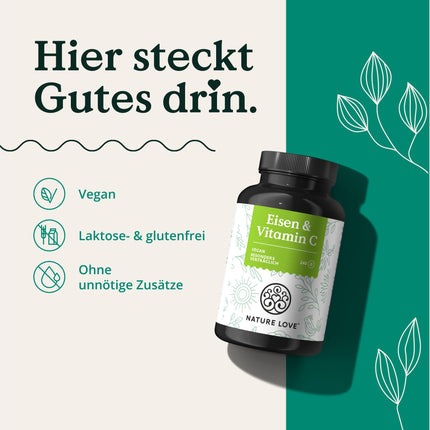 NATURE LOVE® dzelzs tabletes ar C vitamīnu - 240 tabletes - 20 mg dzelzs un 40 mg C vitamīna vienā tabletē - Augsti biopieejams dzelzs bisglicināts (dzelzs helāts) - Vegāns, ražots Vācijā