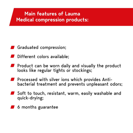 Lauma Medical® kompresijas zeķes sievietēm ar silikona mežģīņu joslu, 2. klase, slēgts purngals, zeķes līdz augšstilbiem, varikozas vēnas, bieža kāju pietūkums.