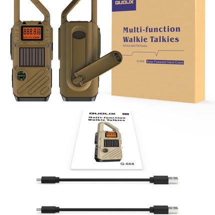 Rācija pieaugušajiem, darbības rādiuss 10 km - 2 gabalu komplekts ar SOS trauksmi, LED lukturīti un FM radio - 3 uzlādes veidi: saules, rokas, USB - avārijas radio piedzīvojumiem brīvā dabā