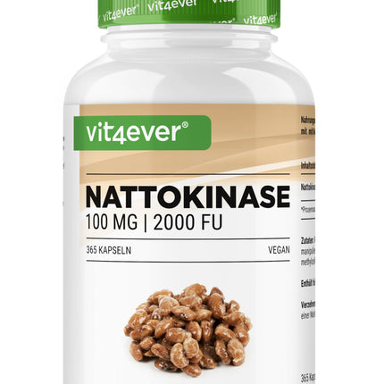 Nattokināze - 365 kapsulas pa 100 mg katra (20 000 FU/g) - 12 mēnešu krājumi - vegāns - bez ĢMO - bez nevēlamām piedevām