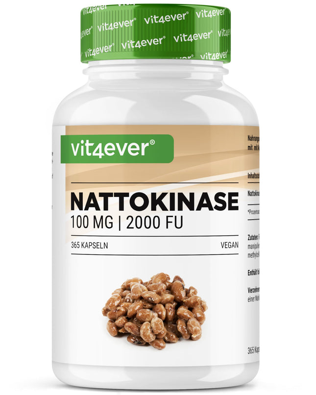 Nattokināze - 365 kapsulas pa 100 mg katra (20 000 FU/g) - 12 mēnešu krājumi - vegāns - bez ĢMO - bez nevēlamām piedevām