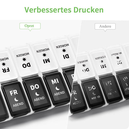 Opret vācu tablešu kastīte 7 dienām 2 nodalījumi no rīta vakarā, noņemama tablešu kastīte 7 dienām 2 nodalījumi, tablešu kastīte medikamentu kastīte 7 dienām tabletes nedēļas kastīte tablešu kastīte tablešu kastīte 14 nodalījumi
