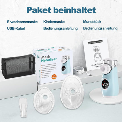 Swetfela inhalators pieaugušajiem un bērniem ar LED ekrānu, pašattīrīšanās režīmu, 3 laika ziņā regulējamiem izsmidzināšanas režīmiem, ar 2 maskām un iemutni, pārnēsājams USB uzlādējams inhalators