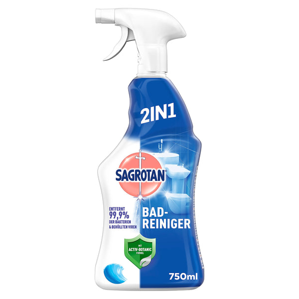 Sagrotan Ocean Fresh vannas istabas tīrīšanas līdzeklis – 2 vienā dezinfekcijas līdzeklis ar netīrumu aizsargplēvi uzticamai higiēnai vannas istabā – 1 x 750 ml smidzināšanas pudele (Produkta dizains var atšķirties.)