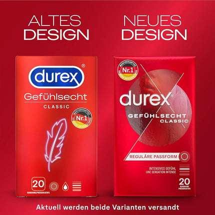 Durex Real Feel Classic prezervatīvi – plāni prezervatīvi ar anatomisku, viegli uzvelkamu formu un lubrikēti ar silikona gēlu – 20 gab. iepakojumā