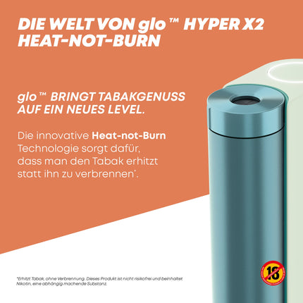 GLO Hyper X2 tabakas sildītājs, elektriskais tabakas sildītājs klasiskai cigarešu garšai, alternatīva e-cigaretēm, viegla tīrīšana, līdz 20 cigaretēm ar vienu akumulatora uzlādi, piparmētru/zilganzaļš