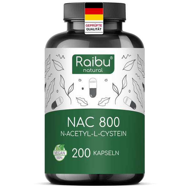 Raibu NAC 800 kapsulas ar augstu devu (200 kapsulas x 800 mg) | NAC acetil-L-cisteīns vislabākajā kvalitātē bez piedevām, ražots Vācijā