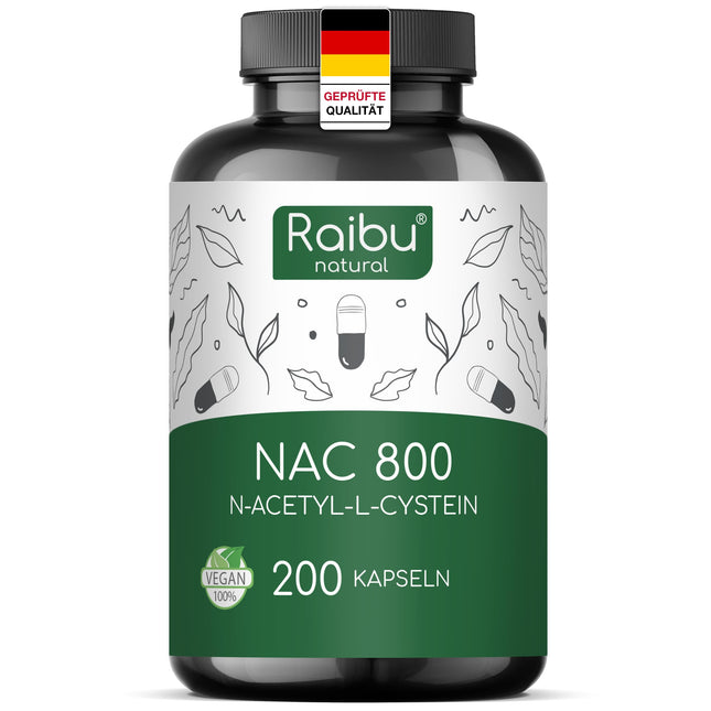 Raibu NAC 800 kapsulas ar augstu devu (200 kapsulas x 800 mg) | NAC acetil-L-cisteīns vislabākajā kvalitātē bez piedevām, ražots Vācijā