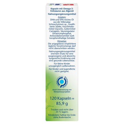 Doppelherz Omega-3 1000 vegāns - Augstas devas omega-3 taukskābes EPA un DHA no augu aļģu eļļas - 120 mazas, viegli norijamas kapsulas