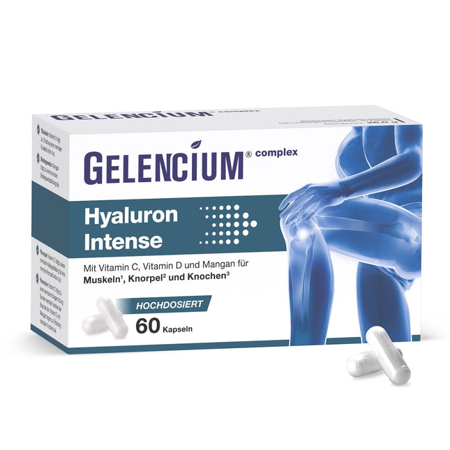 GELENCIUM® Hyaluron Intense | Augsta hialuronskābes dienas deva: 500 mg | Augsta molekulmasa: 2000–4000 kDa | Augsta biopieejamība | Ar mikrouzturvielām veselīgām locītavām | Vegāns | Aptiekas kvalitāte | 60 kapsulas