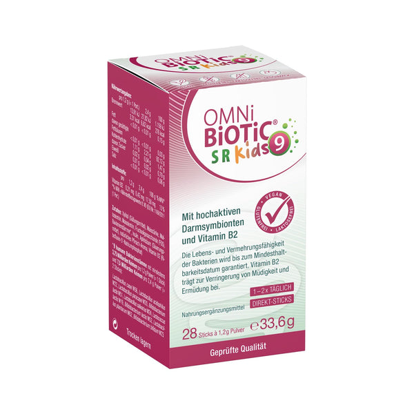 OMNi BiOTiC SR-9 bērniem | 28 nūjiņas | 9 baktēriju celmi | Kūst tieši uz mēles | Vegāns | Bez glutēna | Bez laktozes