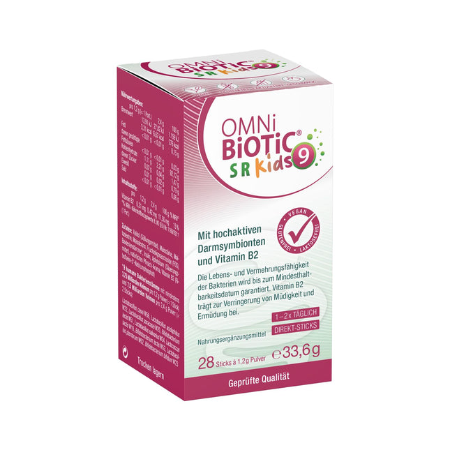 OMNi BiOTiC SR-9 bērniem | 28 nūjiņas | 9 baktēriju celmi | Kūst tieši uz mēles | Vegāns | Bez glutēna | Bez laktozes