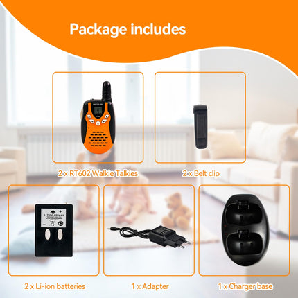 Retevis RT602 Walkie Talkie Kids 8 kanāli PMR446 bērnu divvirzienu radio ar uzlādējamām baterijām Lukturītis VOX LCD displejs Rotaļlietu spiegu aprīkojums Dāvanas bērniem (1 pāris, oranžs)