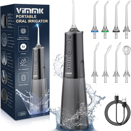 Mutes dobuma irrigators bezvada elektriskais zobu tīrītājs, Vimmk zobu irrigators ar ūdens irgotāju, 5 režīmi un 8 sprauslas, USB-C uzlādējams ūdens irgotājs, IPX7 ūdensizturīgs, 300 ml ūdens tvertnes mutes tīrītājs (melns)