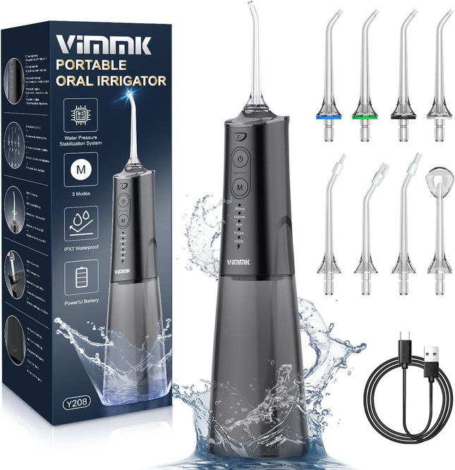 Mutes dobuma irrigators bezvada elektriskais zobu tīrītājs, Vimmk zobu irrigators ar ūdens irgotāju, 5 režīmi un 8 sprauslas, USB-C uzlādējams ūdens irgotājs, IPX7 ūdensizturīgs, 300 ml ūdens tvertnes mutes tīrītājs (melns)