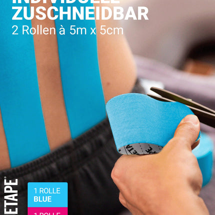 TRUETAPE® Kinesiotape – BASIC Negriezta Duo – 2 ruļļi (5 m x 5 cm) negriezti – Ūdensizturīga un elastīga kinezioloģiska lente – Fizioteips ar spēcīgu līmi ikdienas lietošanai un sportam – Zila un rozā