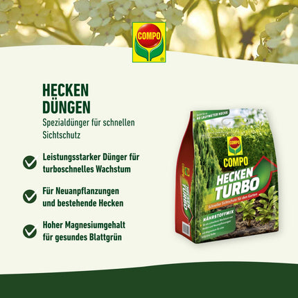 COMPO Hedge Turbo - spēcīgs īpašs mēslojums dzīvžogiem un jauniem stādījumiem - dzīvžogu mēslojums ātrai augšanai - 4 kg, zaļš -