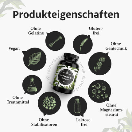 Augstas devas B vitamīnu komplekss - 180 vegānas kapsulas - Visi 8 B vitamīni (B1, B2, B3, B5, B6, B7, B9, B12) - 500µg B12 vitamīna - bioaktīvās B vitamīna formas - laboratoriski pārbaudītas, ražotas Vācijā