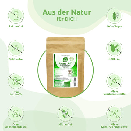 MSM pulveris 500g - 99,9% tīrs - Bez piedevām - Vegāns - 1/2 kg Premium MSM - Metilsulfonilmetāns - Organiskais sērs no Bio Protect