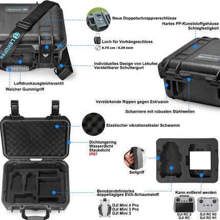 LEKUFEE ūdensnecaurlaidīgs ceļojumu futrālis DJI Mini 4 Pro/3 Pro/3 dronam, Fly More Combo, RC 2/RC-N2 tālvadības pultij un piederumiem (tikai pārnēsāšanas futrālis)