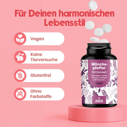Augstas devas vaislas oga - 400 tabletes - 20 mg vienā tabletē - 10:1 ekstrakts no oriģinālās Agnus Castus - Uztura bagātinātājs sievietēm - Vegāns un ražots Vācijā. Laboratorijā pārbaudīts.
