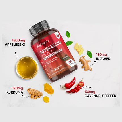 Ābolu sidra etiķa kapsulas - 1860 mg ābolu sidra etiķa komplekss no mātes sulas un Lactobacillus Gasseri, kurkumas, ingvera un kajēnas pipariem - 180 kapsulas 2 mēnešiem - ābolu sidra etiķis - WeightWorld