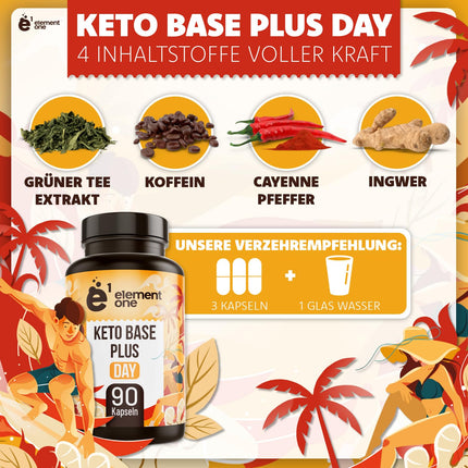 Keto Base Plus Day - ikdienas keto komplekss - 90 vegānas kapsulas - ar ingveru, zaļās tējas ekstraktu, kajēnas pipariem un kofeīnu - iecienīts sportistu un fitnesa entuziastu vidū - vegāns, bez glutēna un bez laktozes
