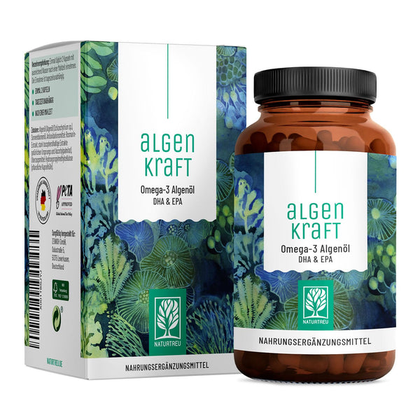 NATURTREU® Algenkraft - Vegānisks Omega 3 no aļģu eļļas – 1000 mg Omega 3 aļģu eļļas no ilgtspējīgām kultūrām – Mikroaļģu eļļa ar augstu DHA un EPA devu optimālā attiecībā – Laboratorijā pārbaudīts