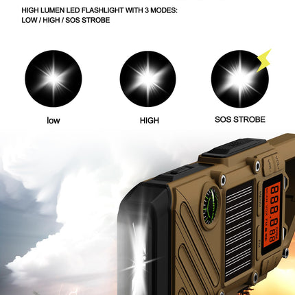Rācija pieaugušajiem, darbības rādiuss 10 km - 2 gabalu komplekts ar SOS trauksmi, LED lukturīti un FM radio - 3 uzlādes veidi: saules, rokas, USB - avārijas radio piedzīvojumiem brīvā dabā