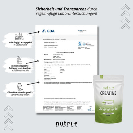 Nutri + Creapure 500g - kreatīna monohidrāta pulveris - 100% tīrs - īpaši smalks kreatīna neitrāls, augsta deva - vegāns kreatīna pulveris no Vācijas
