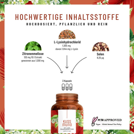 L-lizīns 1000 mg augsta deva - L-lizīna komplekss ar citronmelisu un selēnu - Augstas devas L-lizīna kapsulas - Naturtreu Kussmund vegānisks un laboratoriski pārbaudīts