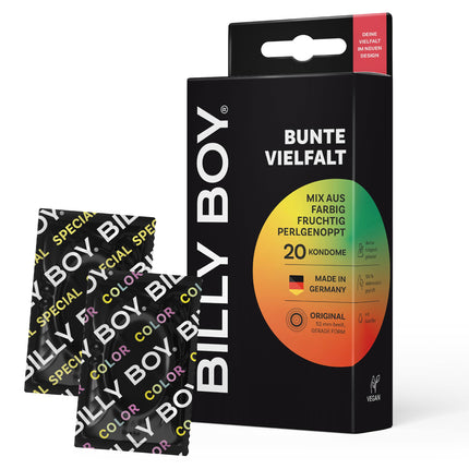 BILLY BOY prezervatīvi krāsaini, 20 gab. | 52 mm | Krāsains, augļu un kniedētu prezervatīvu maisījums (1x20 gabali)