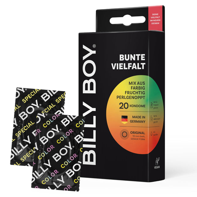 BILLY BOY prezervatīvi krāsaini, 20 gab. | 52 mm | Krāsains, augļu un kniedētu prezervatīvu maisījums (1x20 gabali)