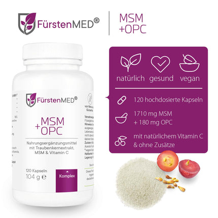 FürstenMED® MSM + OPC kapsulas. Augsta deva ar 1710 mg MSM pulvera + 180 mg OPC un C vitamīnu (no acerolas) vienā dienas devā - 120 kapsulas, vegānas, laboratoriski pārbaudītas un bez piedevām.