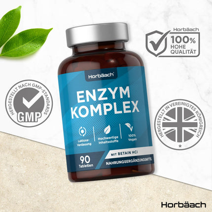 Gremošanas enzīmi | Enzīmu komplekss amilāze, proteāze, laktāze, lipāze un celulāze | Betaīna HCl | 90 vegānas tabletes | Gremošanas enzīmi | Horbaach