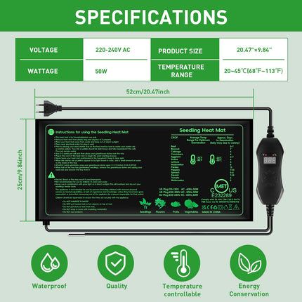 Verdenu siltuma paklājiņš augu sildīšanas paklājiņš, 25 * 52 cm sildīšanas paklājiņš ar digitālā termostata regulatora kombinēto komplektu, pavairošanas sildīšanas paklājiņš augu dīgšanai, iekštelpu siltumnīcas pavairotājs, siltumnīca