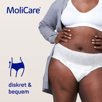 MoliCare Premium mobilās vienreizējās lietošanas biksītes: diskrēta lietošana urīna nesaturēšanas gadījumā sievietēm un vīriešiem; 10 pilieni, L izmērs (100–150 cm gurnu apkārtmērs), 4x14 gabali