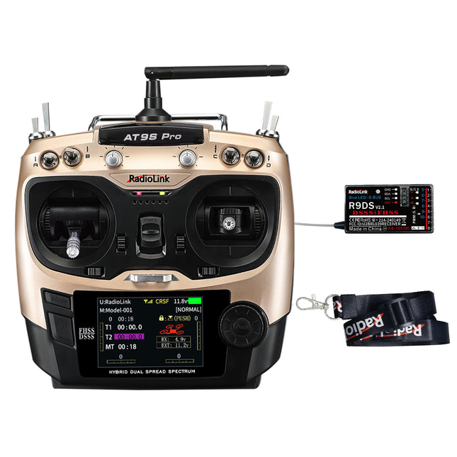 Radiolink AT9S Pro RC tālvadības pults ar uztvērēju, 10/12 kanāli ar uztvērēju - R9DS 2,4 GHz tālvadības pults raidītājs RC droniem, lidmašīnām, planieriem, automašīnām, laivām (2. režīms, kreisā roka)
