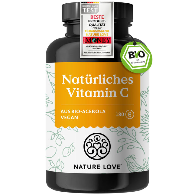 NATURE LOVE® dabīgais C vitamīns no organiskā acerolas ekstrakta - augsta deva - labākā biopieejamība - 180 kapsulas - imūnsistēmai - oksidatīvajam stresam - laboratoriski pārbaudīts, vegāns un ražots Vācijā