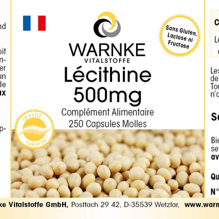 Lecitīns 500 mg - no sojas - 250 mīkstās kapsulas - bez ĢMO - liela deva - lielapjoma iepakojums | Warnke Vitalstoffe - Vācijas aptieku kvalitāte