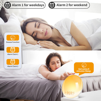 Tageslichtwecker Lichtwecker Wake up Light Sonnenaufgang Sonnenuntergang Simulation Wecker Radio 7 Naturgeräusche 2 Alarmen Snooze 11 Farblicht 20 Helligkeit Nachttischlampe Erwachsene (gelb)