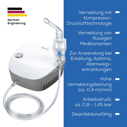 Beurer IH 18 inhalators ar kompresora gaisa tehnoloģiju, inhalācijas ierīce augšējo un apakšējo elpceļu ārstēšanai, piemērota pieaugušajiem un bērniem, balta, 8 daļu komplekts