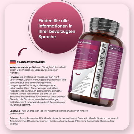 Resveratrola kapsulas - 500 mg trans-resveratrola ar 50 mg kvercetīna - 4 mēnešu krājums - OPC kapsulu alternatīva - 120 vegānas kapsulas bez magnija stearāta - polifenoli no dirzenēm - WeightWorld