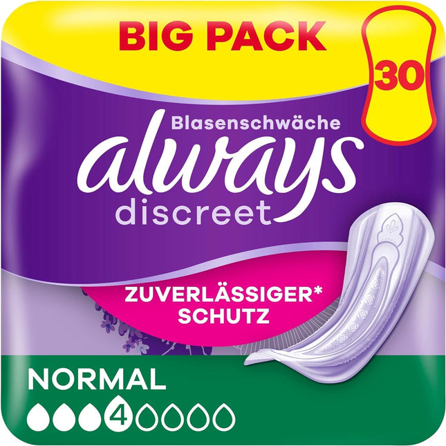 Always Discreet nesaturēšanas ieliktnīši sievietēm Normāli 30 iepakojumā Visaptveroša aizsardzība Neticama diskrētums