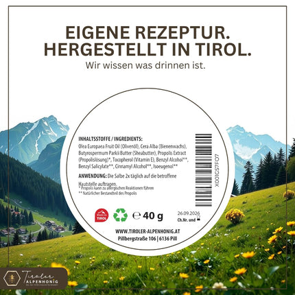 Propolisa ziede ar bišu vasku, olīveļļu, propolisa tinktūru un šī sviestu. Ziede (40 g) no Tiroles Alpu medus, kas ražots Tiroles kalnos.