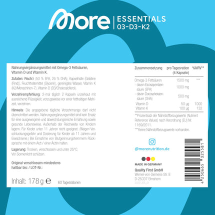 MORE Essentials O3-D3-K2, 240 zivju eļļas kapsulas ar 1000 mg EPA un 500 mg DHA dienā, D3 vitamīnu un K2 vitamīnu, kapsulas apvalks izgatavots no liellopu želatīna